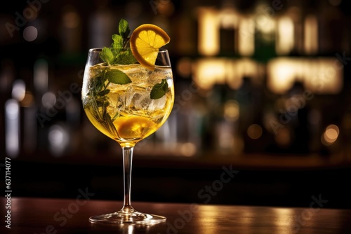 A Hugo Spritz cocktail in a glass garnished with a sprig of mint and lemon