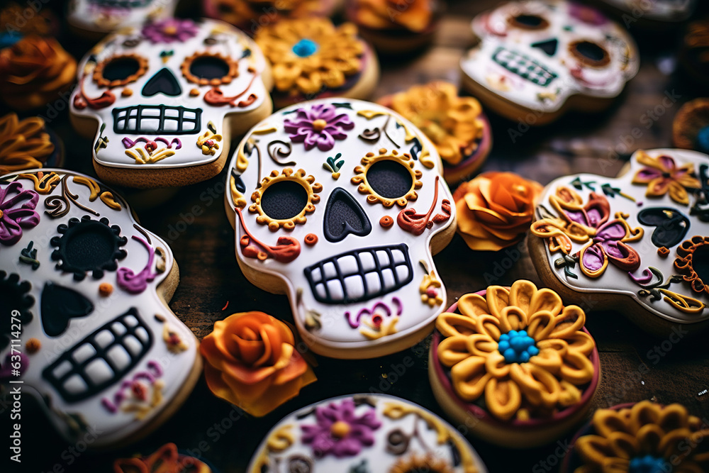 Homemade grotesque skull and skeleton sugar cookie during a Mexican folk celebration of the Day of the Dead.