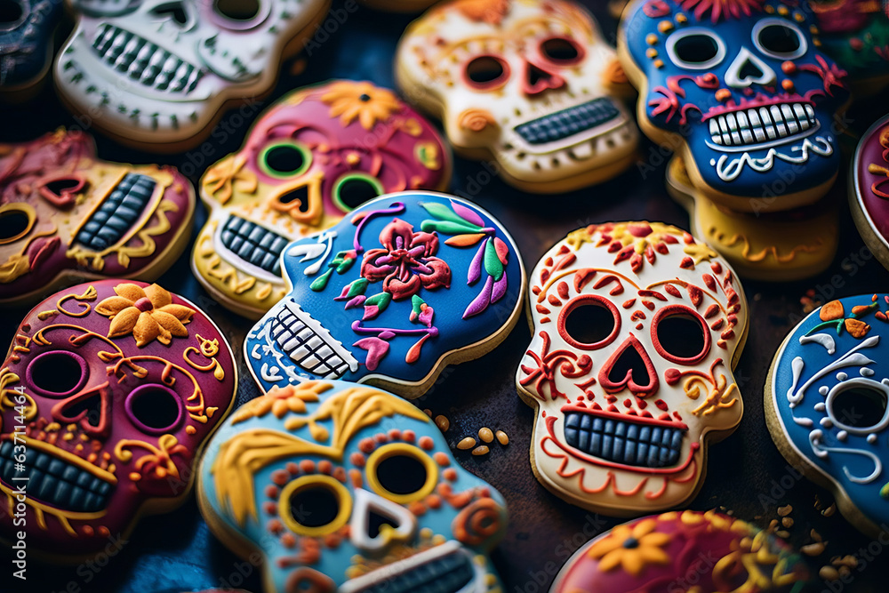 Homemade grotesque skull and skeleton sugar cookie during a Mexican folk celebration of the Day of the Dead.