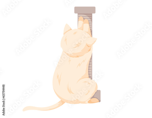 Cartoon white cat with a scratching post. Vector isolated pet.