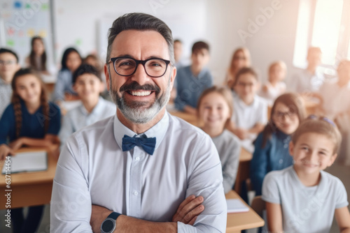 Portrait of a happy teacher with glasses standing in a classroom with students