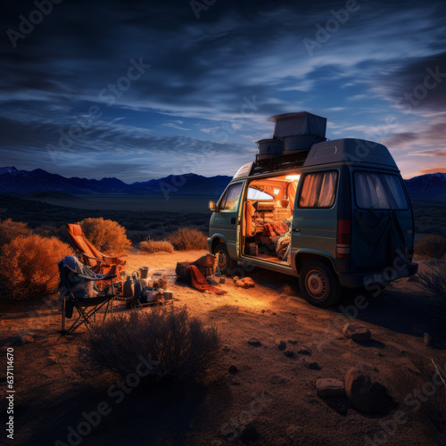 Camping in the van in nature  light switched on inside the van