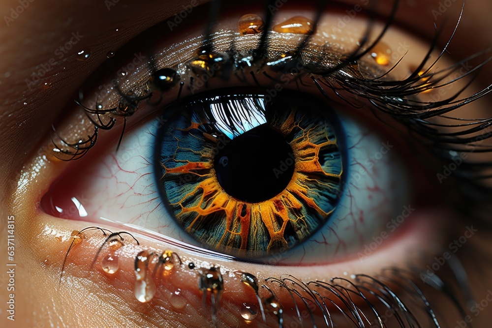 A large portrait of a human eye reflecting a flash, tears from the eyes