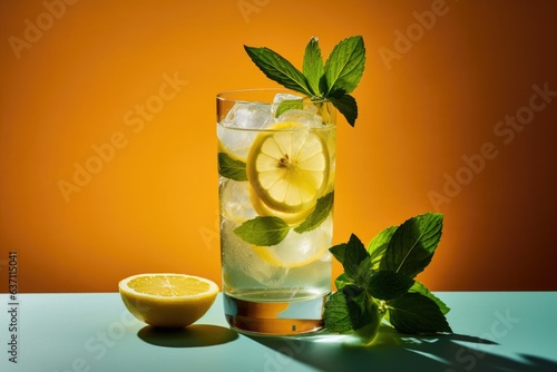 Hugo Spritz cocktail in a glass, decorated with a sprig of mint and lemon