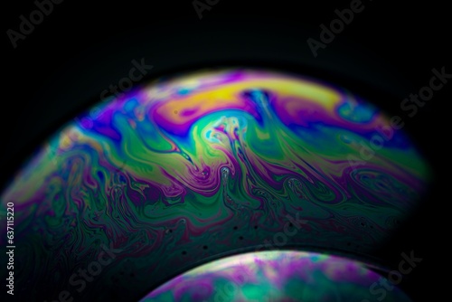 Macro shot of a vibrant oil bubble isolated on a black background.
