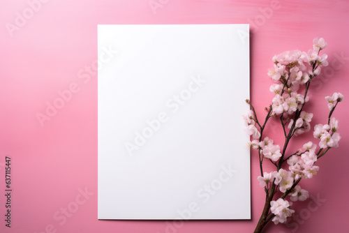 Layout of a white card with spring flowers on a pink background © Julia Jones