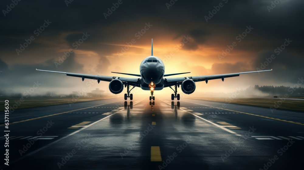 Plane taking off on long horizontal runway created with Generative AI Plane taking off on long horizontal runway created with Generative AI