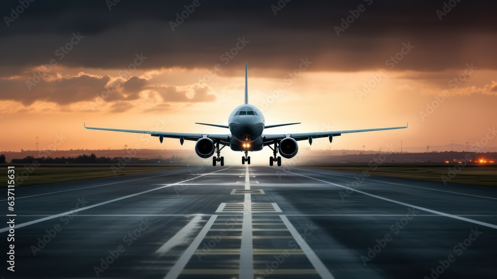Plane taking off on long horizontal runway created with Generative AI Plane taking off on long horizontal runway created with Generative AI