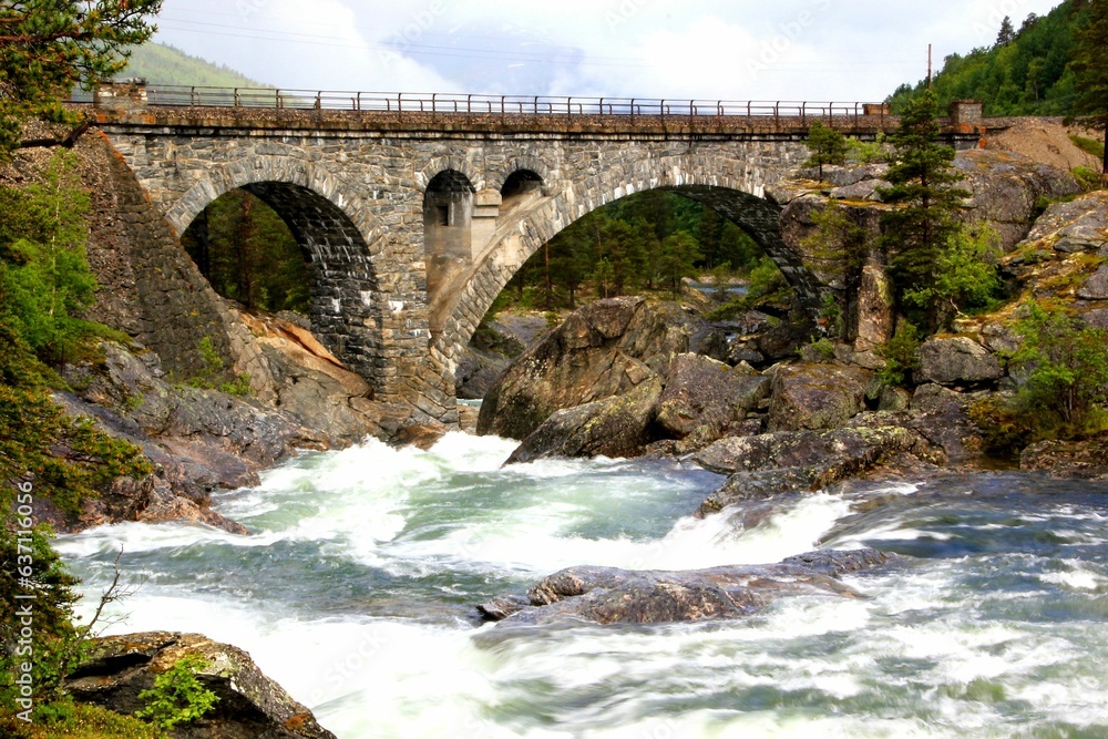Landscape with an old stone bridge in Norway and rushing stream Landscape with an old stone bridge in Norway and rushing stream