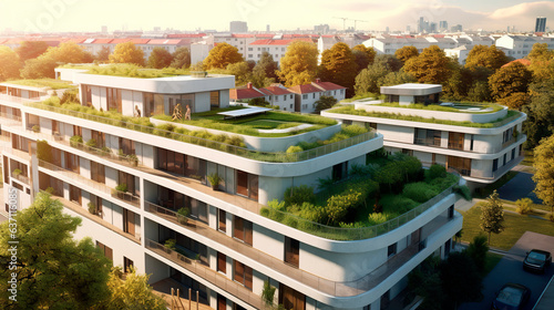 Modern residential district with green roof and balcony. 