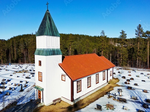 Aerial view of the Lundersaeter Church in Finnskogen, Norway photo