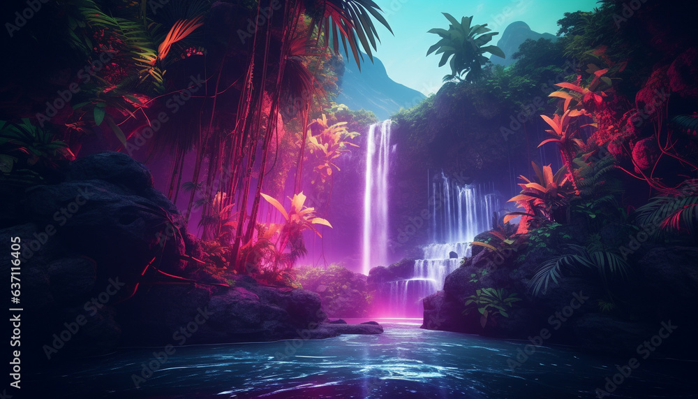 Fototapeta premium waterfall in tropical jungle glowing colorful neon made with Generative AI