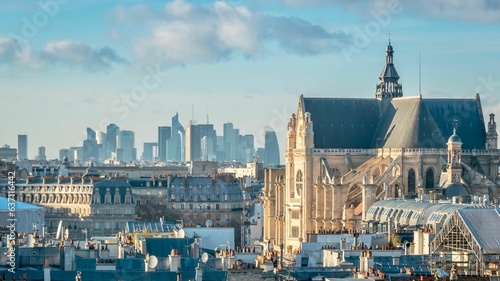 Aerial view of the Saint Augustin church with bustling cityscape in the background in Paris, France