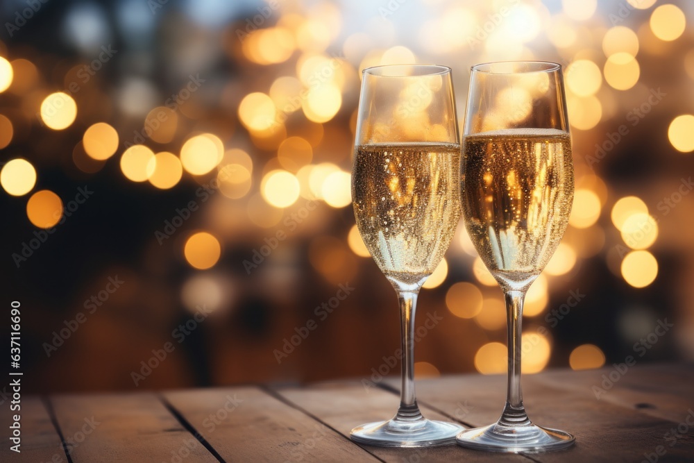 Glasses of champagne or sparkling wine in a festive atmosphere. Merry christmas and happy new year concept