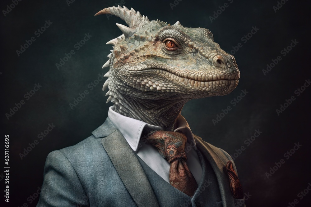 Anthropomorphic dragon dressed in a suit like a businessman. Business Concept. AI generated, human enhanced. Anthropomorphic dragon dressed in a suit like a businessman. Business Concept. AI generated, human enhanced.