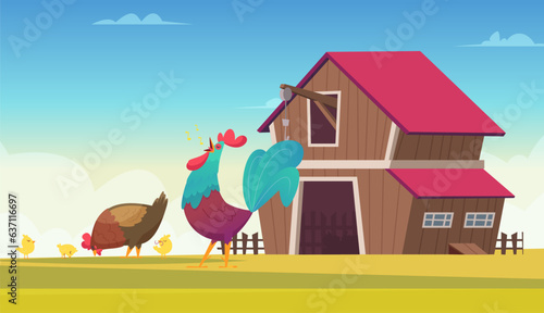 Rooster on farm. chicken walking on farm. Vector horizontal rural landscape
