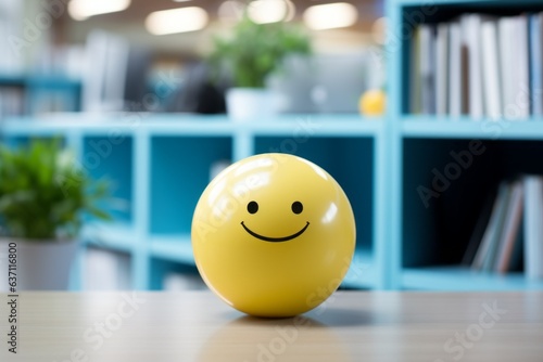 Smiling ball with positive emotion in the office. Background with selective focus and copy space