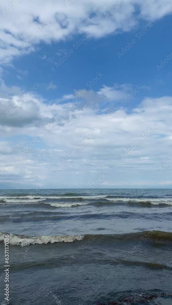 Vertical of the foamy waves of a sea hitting the shore with the horizon in the background Vertical of the foamy waves of a sea hitting the shore with the horizon in the background