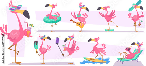 Flamingo. Pink cartoon birds exact vector tropical birds flying standing running