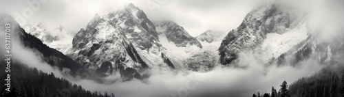 a wide shot of snow covered mountains in the alps with storm clouds Generative AI