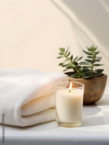 spa composition of white towel  candle and green plant on white background