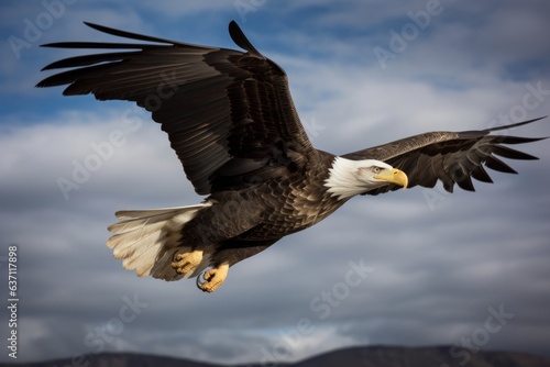 A majestic bald eagle soaring through a dramatic cloudy sky