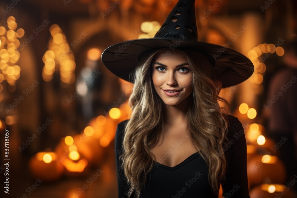 Woman in witch costume for halloween party. Halloween concept. Background with selective focus and copy space Woman in witch costume for halloween party. Halloween concept. Background with selective focus and copy space