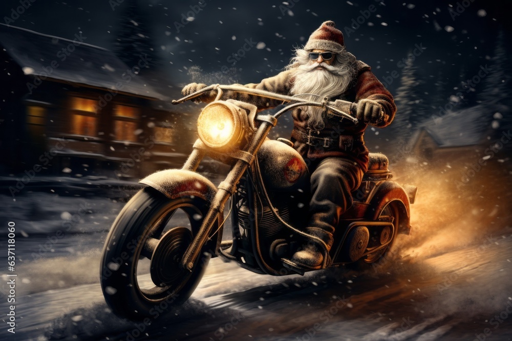 Santa Claus riding a motorcycle. Merry christmas and happy new year concept