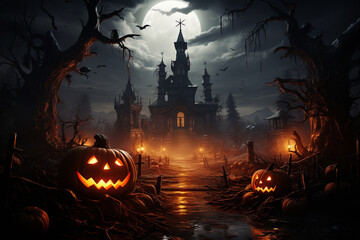 Pumpkin zombie rising out of graveyard cemetery