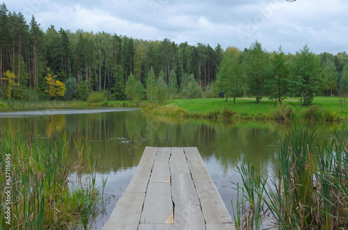 wooden pier by the lake in the forest in autumn foggy day