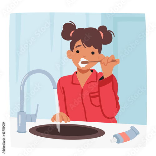 Young Girl Diligently Brushes Her Teeth, Toothbrush In Hand, Scrubbing Away To Maintain Her Oral Hygiene Routine