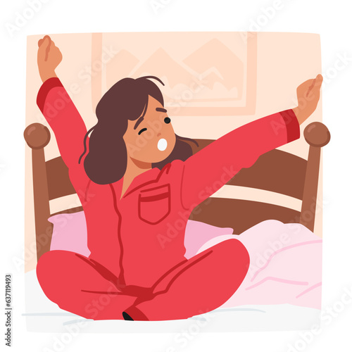 Little Girl Wakes Up, Stretches Arms And Body Sitting On Bed. Child Character Awakening With A Yawn, Eyes Flutter Open