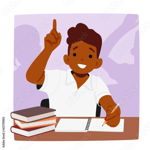 In The Classroom, The Schoolboy Character Raises His Hand Eagerly, Seeking The Teacher Attention To Contribute Or Ask