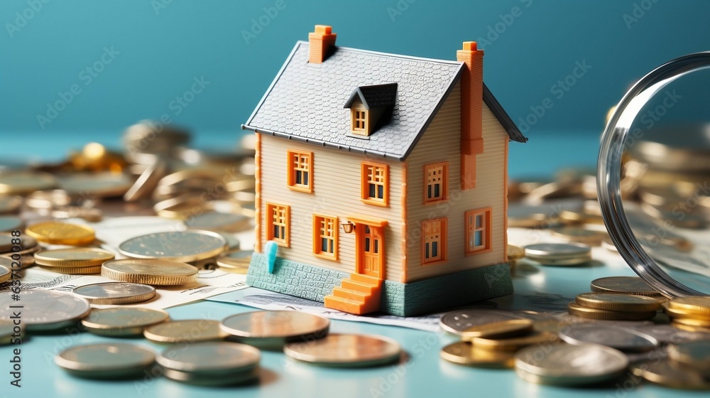 AI generated illustration of house miniature and a loop on a table with coins - real estate concept AI generated illustration of house miniature and a loop on a table with coins - real estate concept
