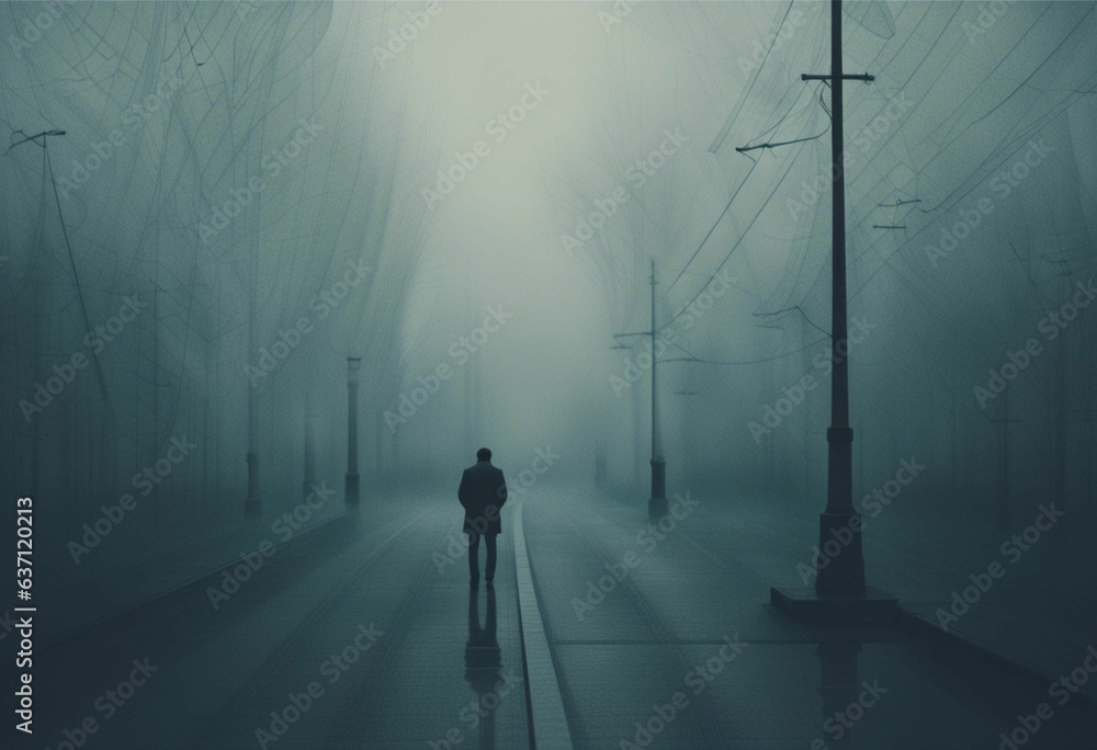 Lone figure walking down a street shrouded in fog, AI-generated. - obrazy, fototapety, plakaty 