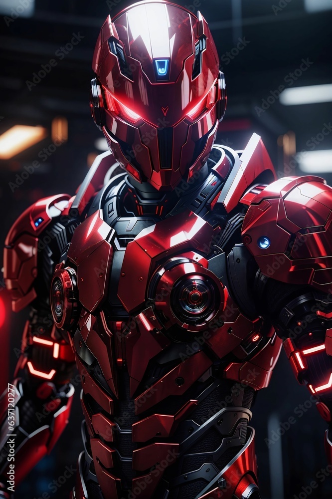 AI-generated illustration of a black and red armor suit in the form of a helmet AI-generated illustration of a black and red armor suit in the form of a helmet