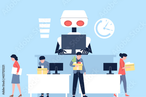 Robot vs people on work, office workers fired. Technology progress, robotics development on job. Android works on laptop, digital recent vector scene