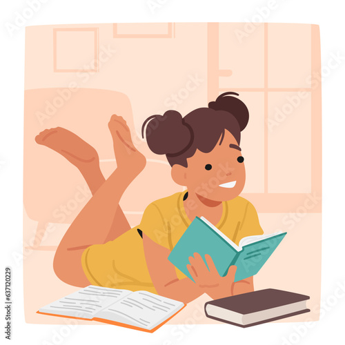 Young Girl Engrossed In Book. Little Child Character Reclining On The Floor. Her Rapt Expression And Relaxed Pose
