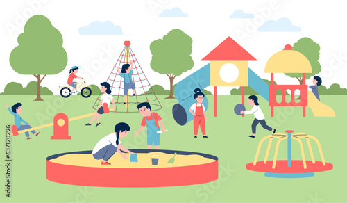 Children play outdoor on backyard playground. City park summer activity, kids walking and playing. Cartoon flat recent vector characters