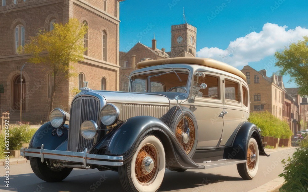AI generated illustration of an antique vehicle parked in a sunny city