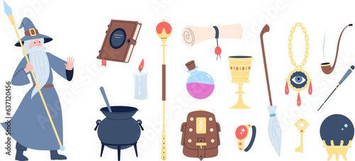 Wizard magic tools, wise old man in costume. Magical book, poison bottle and cartoon character. Isolated witchcraft flat recent vector clipart