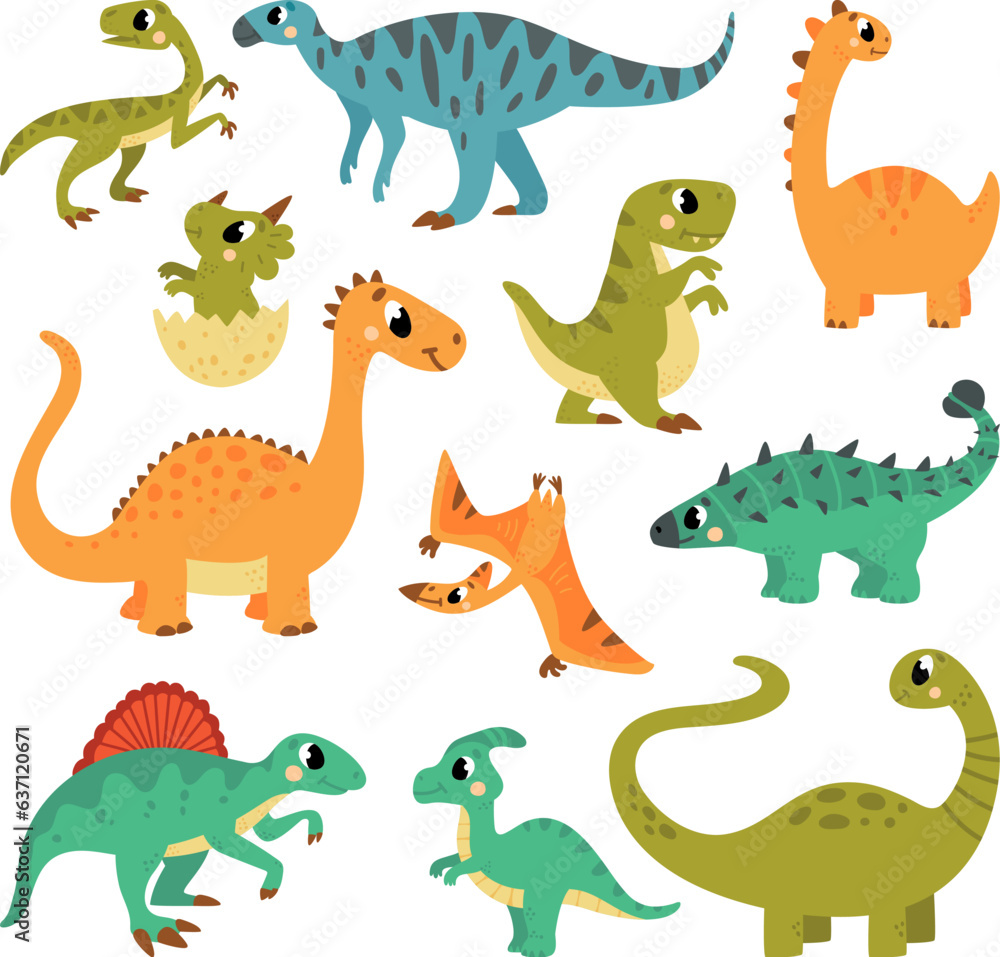 Naklejka premium Dino funny characters, dinosaur cartoon elements. Pterodactyl and t-rex, adorable dinos. Prehistoric simpre wild animals classy vector clipart