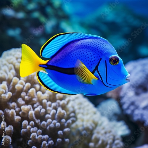 AI-generated illustration of A vibrant Blue tang fish swimming amongst the vibrant coral © Juanita R Jones/Wirestock Creators