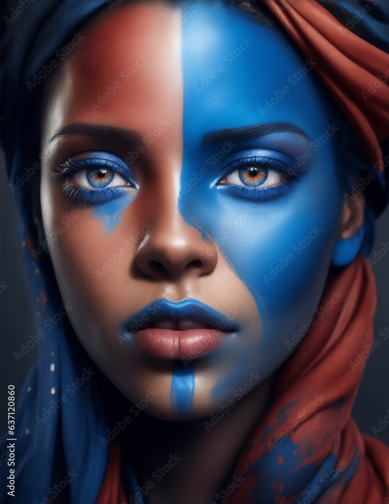 AI generated illustration of a portrait of a woman with a headscarf and blue paint on her face AI generated illustration of a portrait of a woman with a headscarf and blue paint on her face