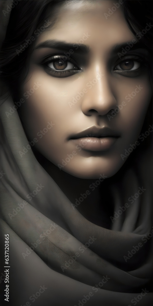 AI generated illustration of a portrait of a sad woman with a gray headscarf AI generated illustration of a portrait of a sad woman with a gray headscarf
