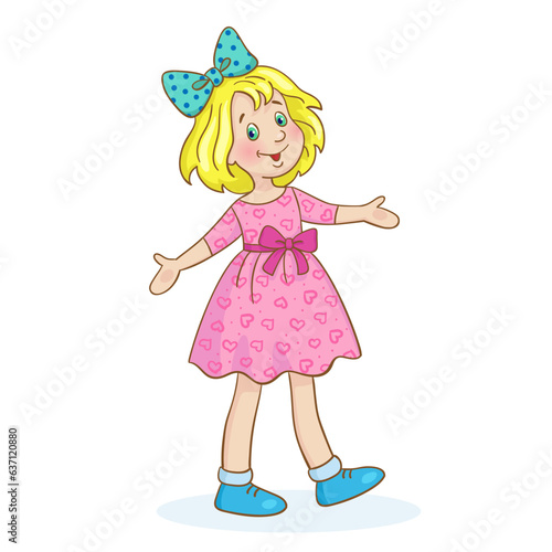 Kids toys. Сute beautiful doll in a pink dress. In cartoon style. Isolated on white background. Vector illustration.