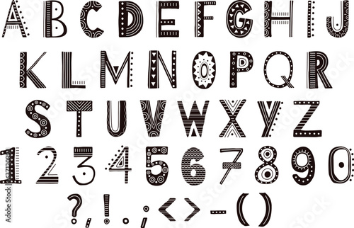 Alphabet letters, numbers and signs ethnic design. Typography creative graphic art elements, lettering decorative symbols, racy vector abc collection