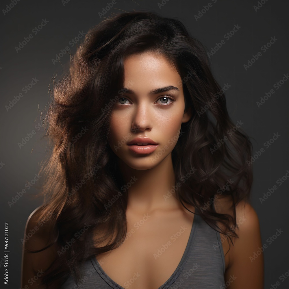 a beautiful young woman with long, flowing hair looking into the camera with a soft expression a beautiful young woman with long, flowing hair looking into the camera with a soft expression