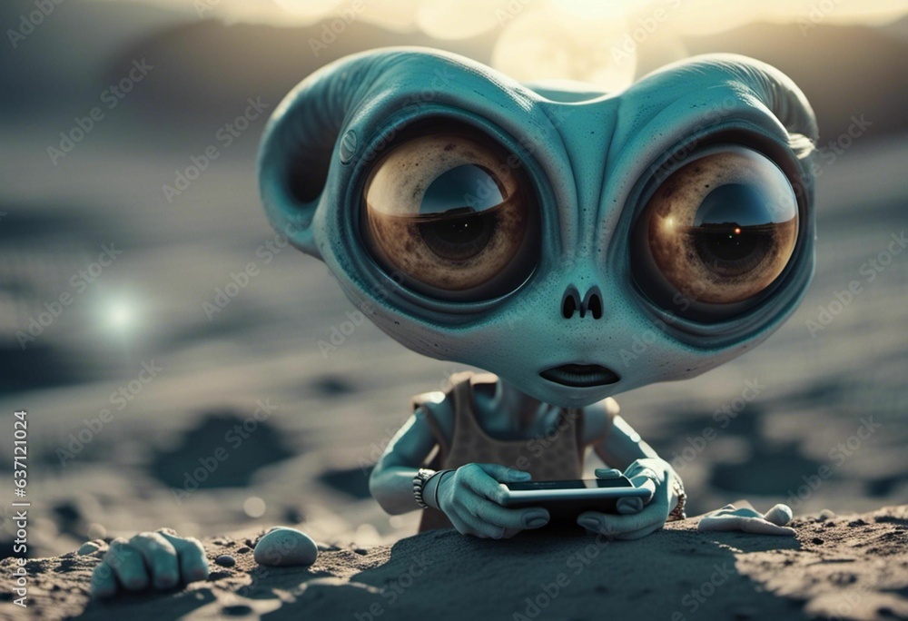 AI generated illustration of an alien with large eyes playing a video game with a tablet AI generated illustration of an alien with large eyes playing a video game with a tablet