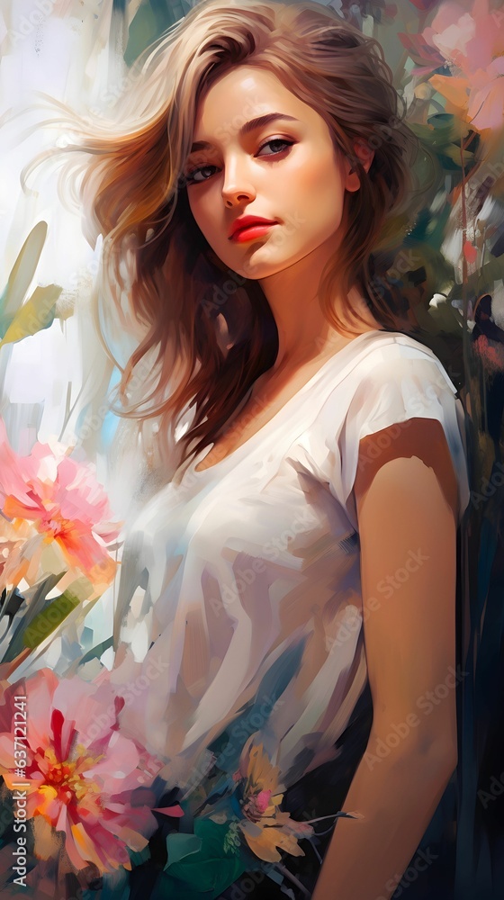 AI generated illustration of a young woman surrounded by vibrant flowers in watercolor AI generated illustration of a young woman surrounded by vibrant flowers in watercolor